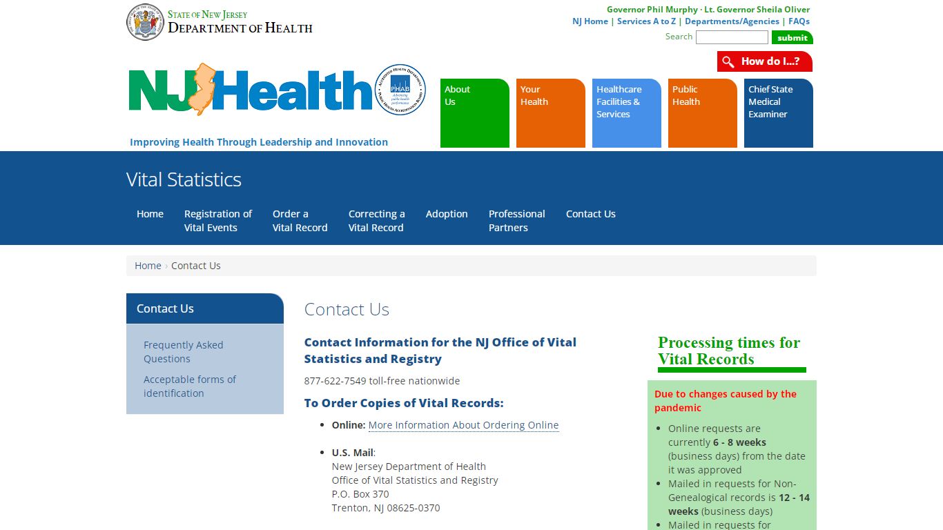 Department of Health | Vital Statistics | Contact Us